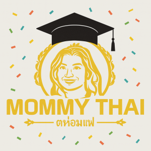 An image of Mommy Thai logo wearing. Gradution Cap with confetti in the background